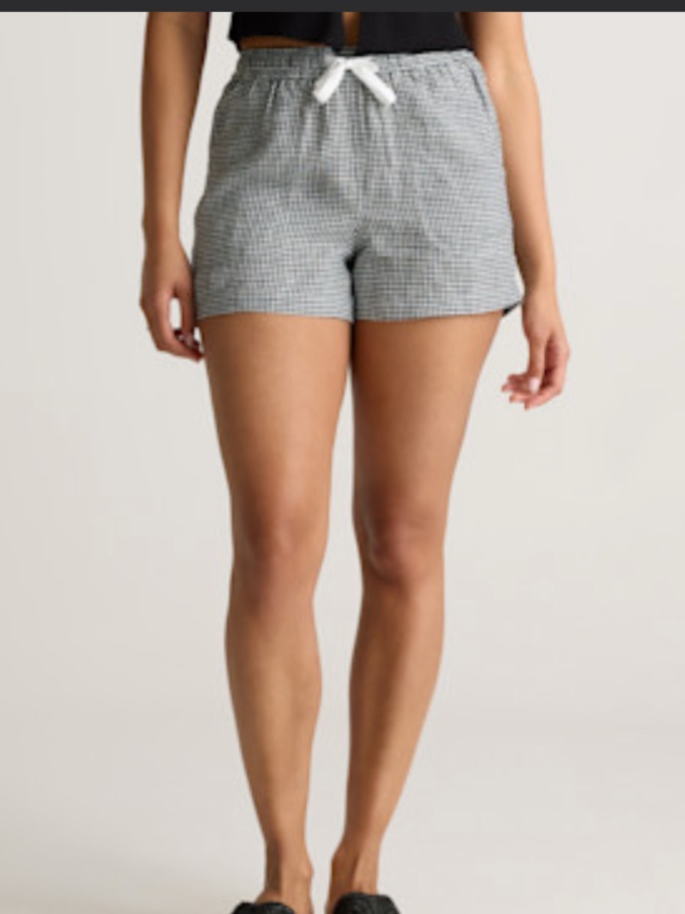 Quince Navy & White Gingham High-Waist Drawstring Shorts
